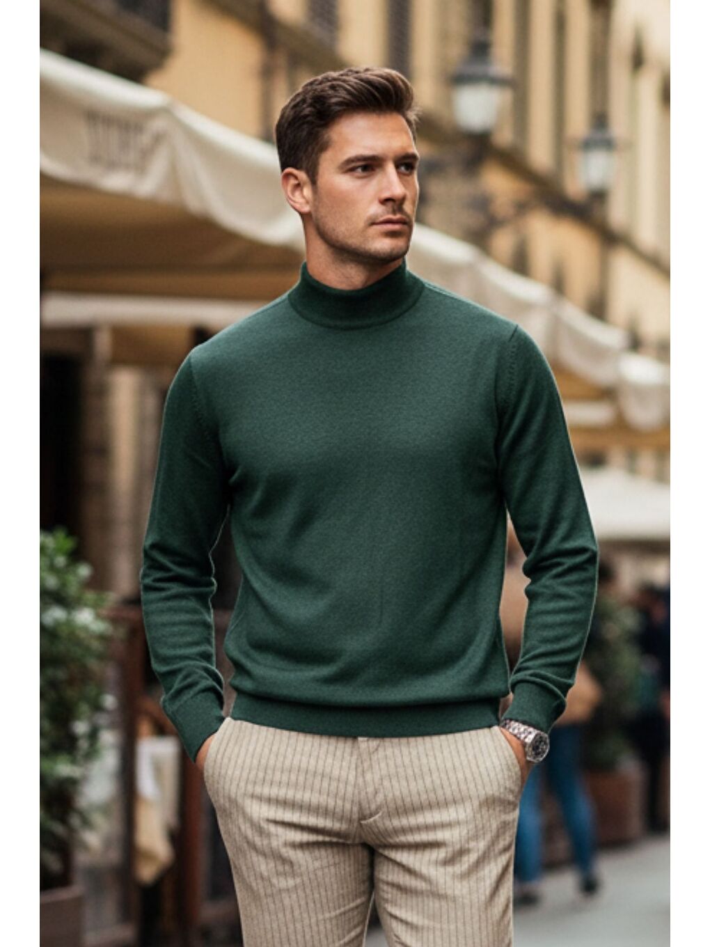 Yeşil Lier Yarım Boğazlı Regular Fit Erkek Kazak Düz Triko-1