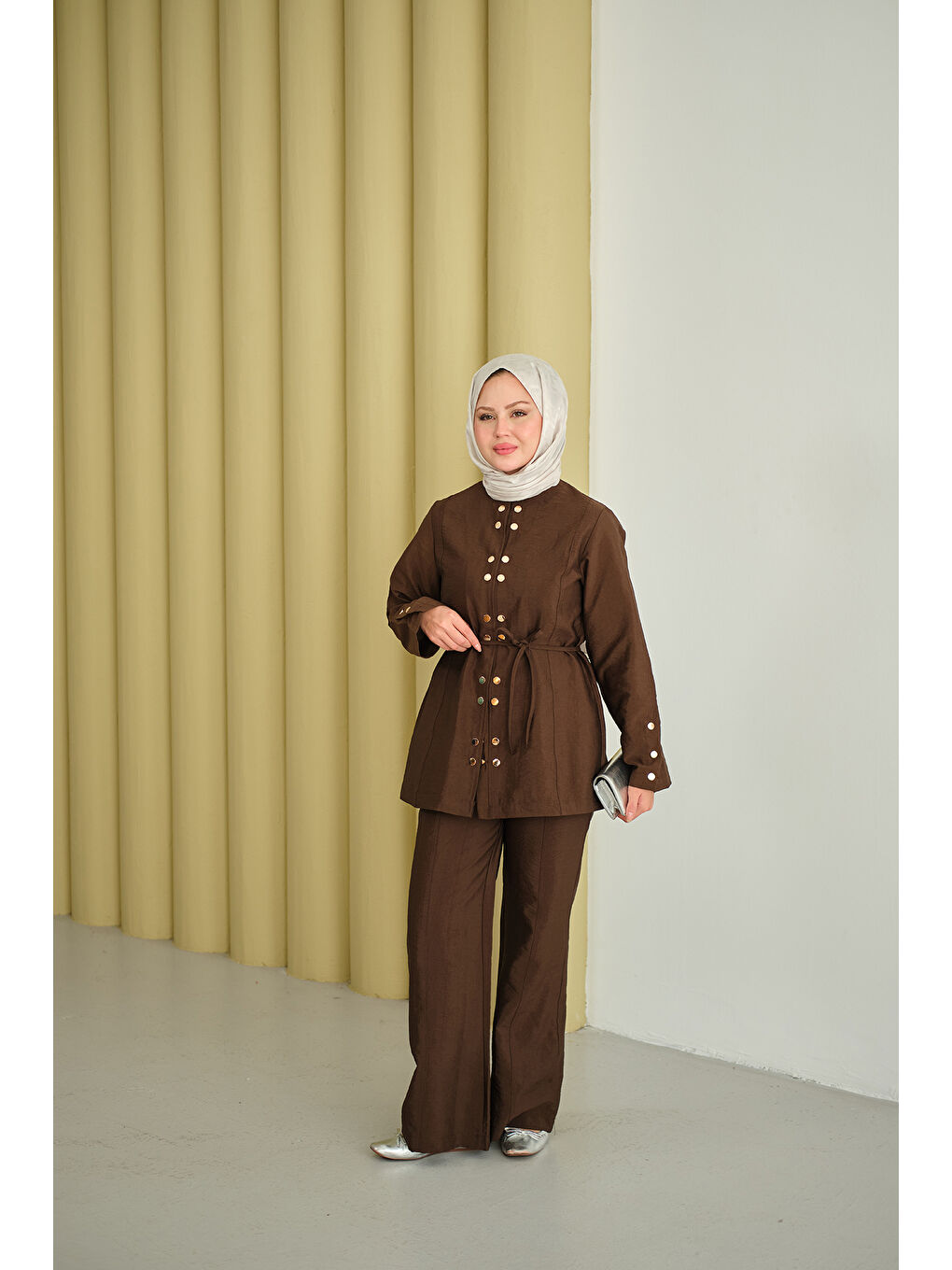 Kadın Gold Çıt Çıt Detay Takım Kahverengi-2