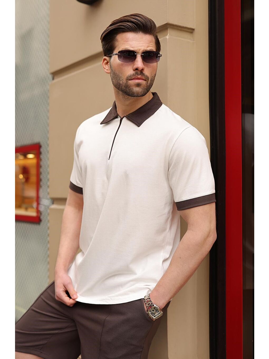 Ekru %100 Pamuklu Polo Yaka Şort Tişört Takım E7358-4