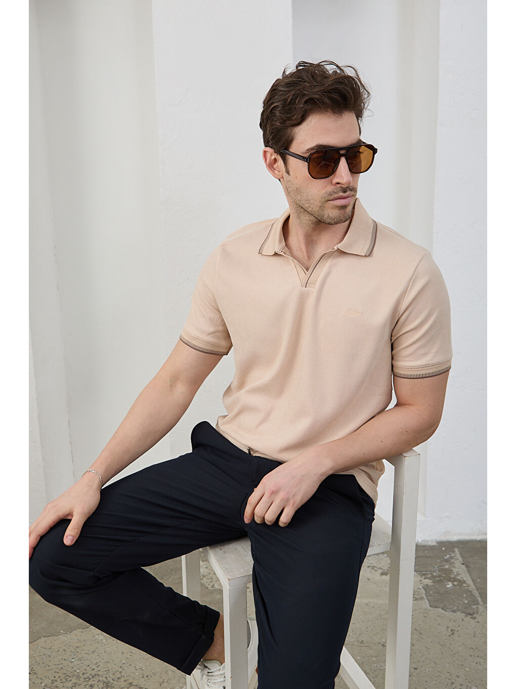 Bej Lodz Erkek Polo Yaka Tişört Çekmeyen Pamuklu Kumaş Regular Fit Günlük