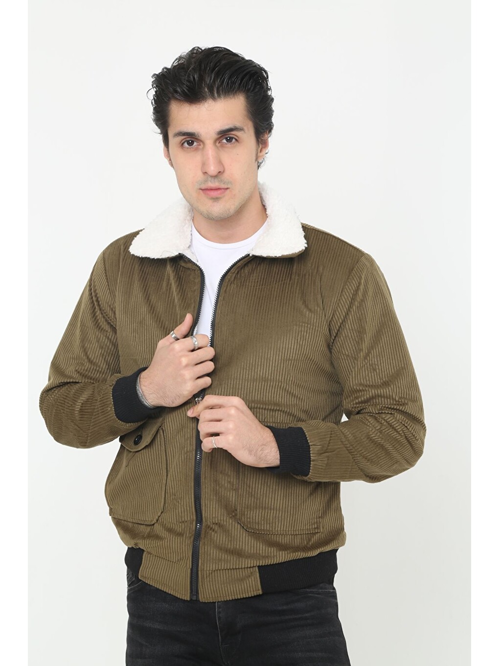 Erkek Trend Kadife Içi Kürklü Ceket Haki