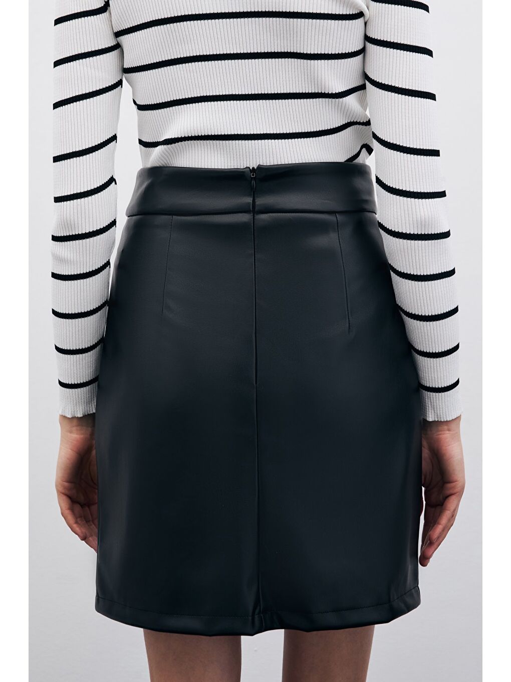 Şardonlu Deri Etek - Siyah-5
