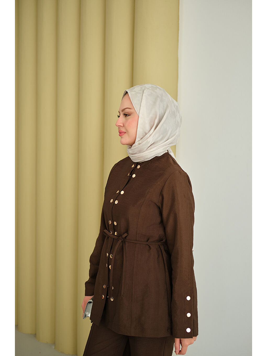 Kadın Gold Çıt Çıt Detay Takım Kahverengi-3