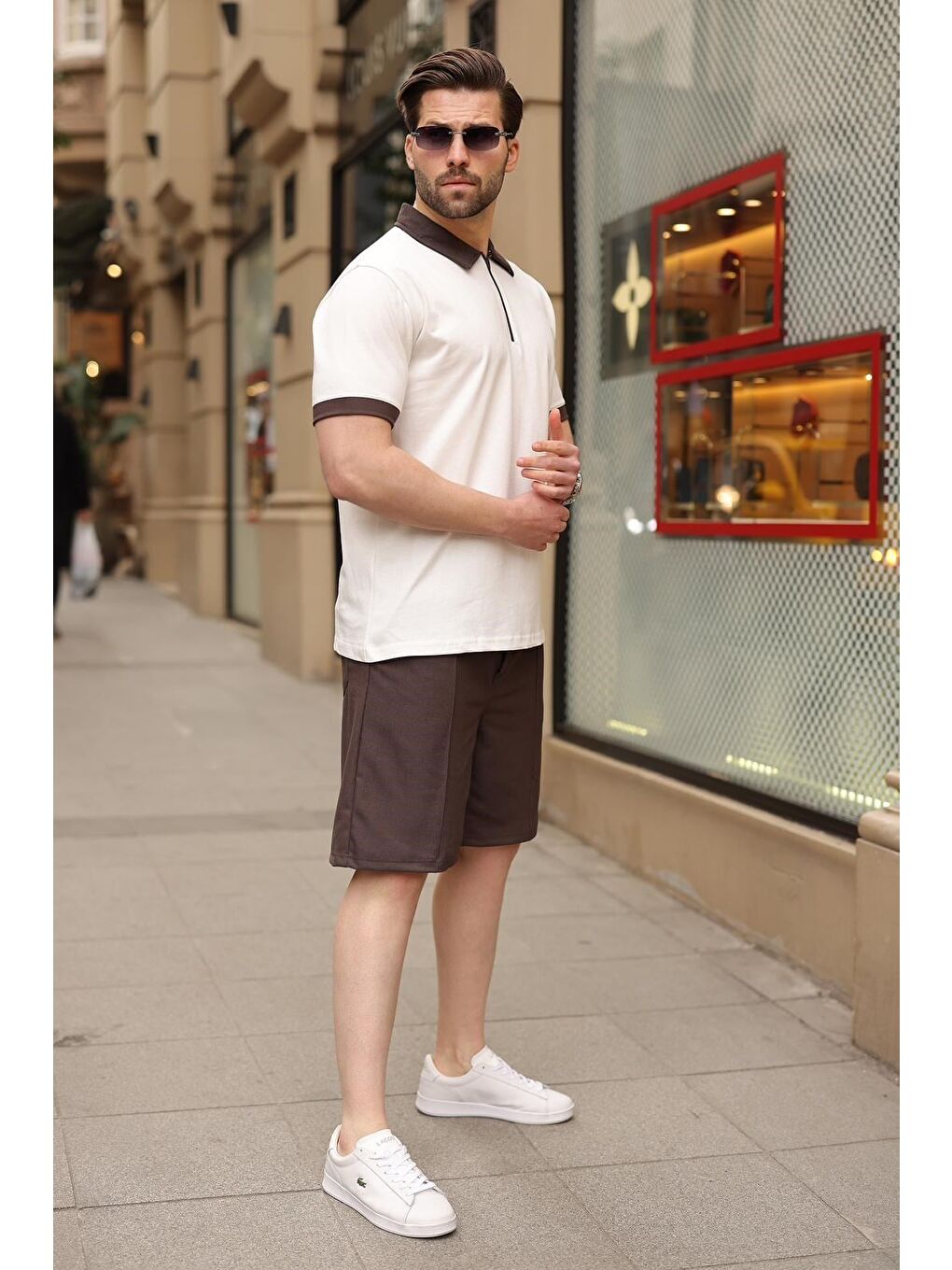 Ekru %100 Pamuklu Polo Yaka Şort Tişört Takım E7358-5