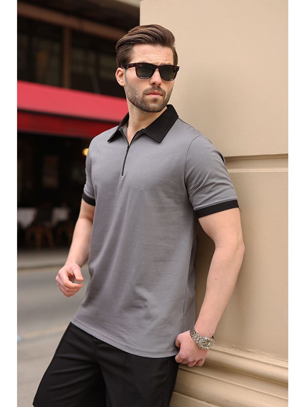 Gri Füme %100 Pamuklu Polo Yaka Şort Tişört Takım E7358-1