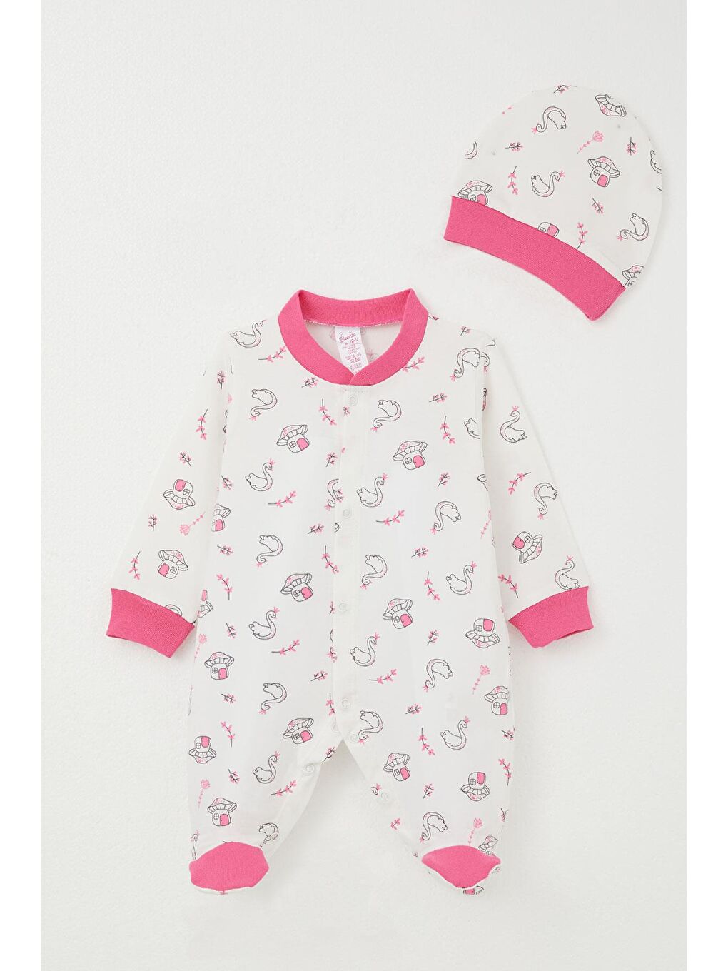 Kız Bebek Patikli Tulum Mantar Ev & Prenses Kuğu Desenli Beyaz (0-6 Ay)