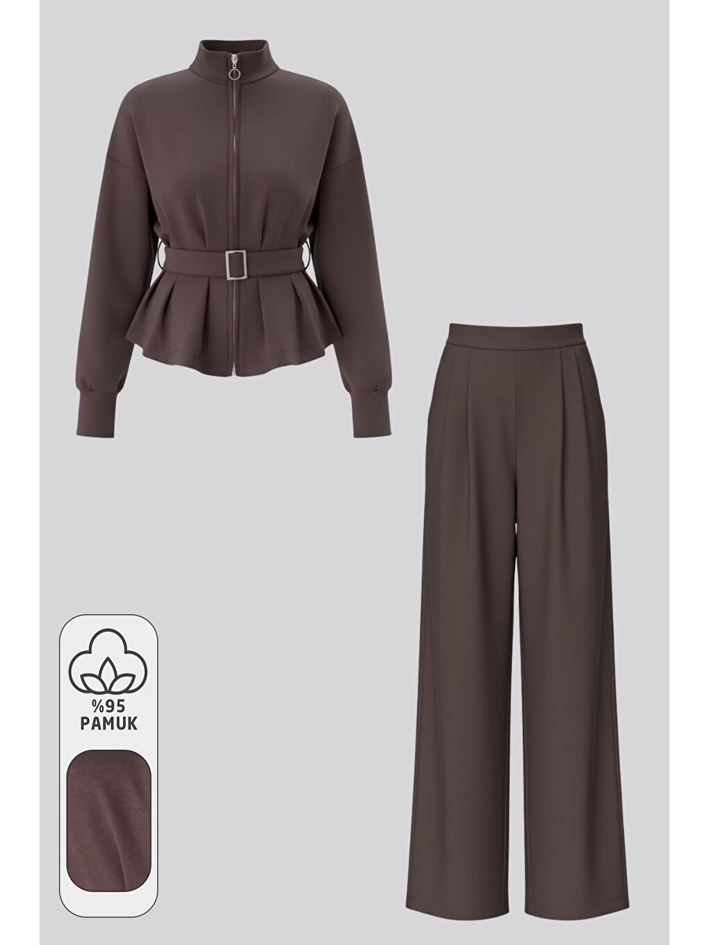 Kahverengi Kadın Kemer Detaylı Ceket Bel Lastikli Pantolon İkili Takım