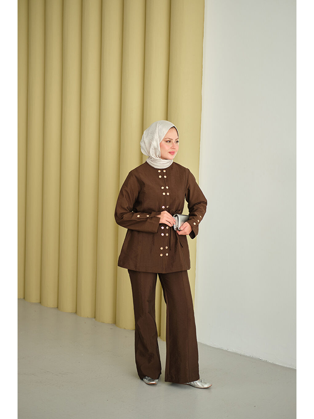 Kadın Gold Çıt Çıt Detay Takım Kahverengi-4
