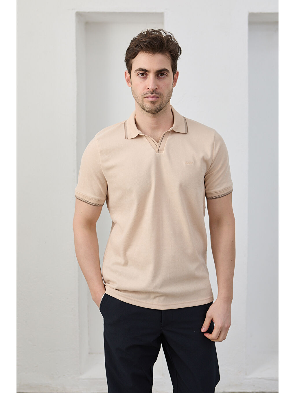 Bej Lodz Erkek Polo Yaka Tişört Çekmeyen Pamuklu Kumaş Regular Fit Günlük-1