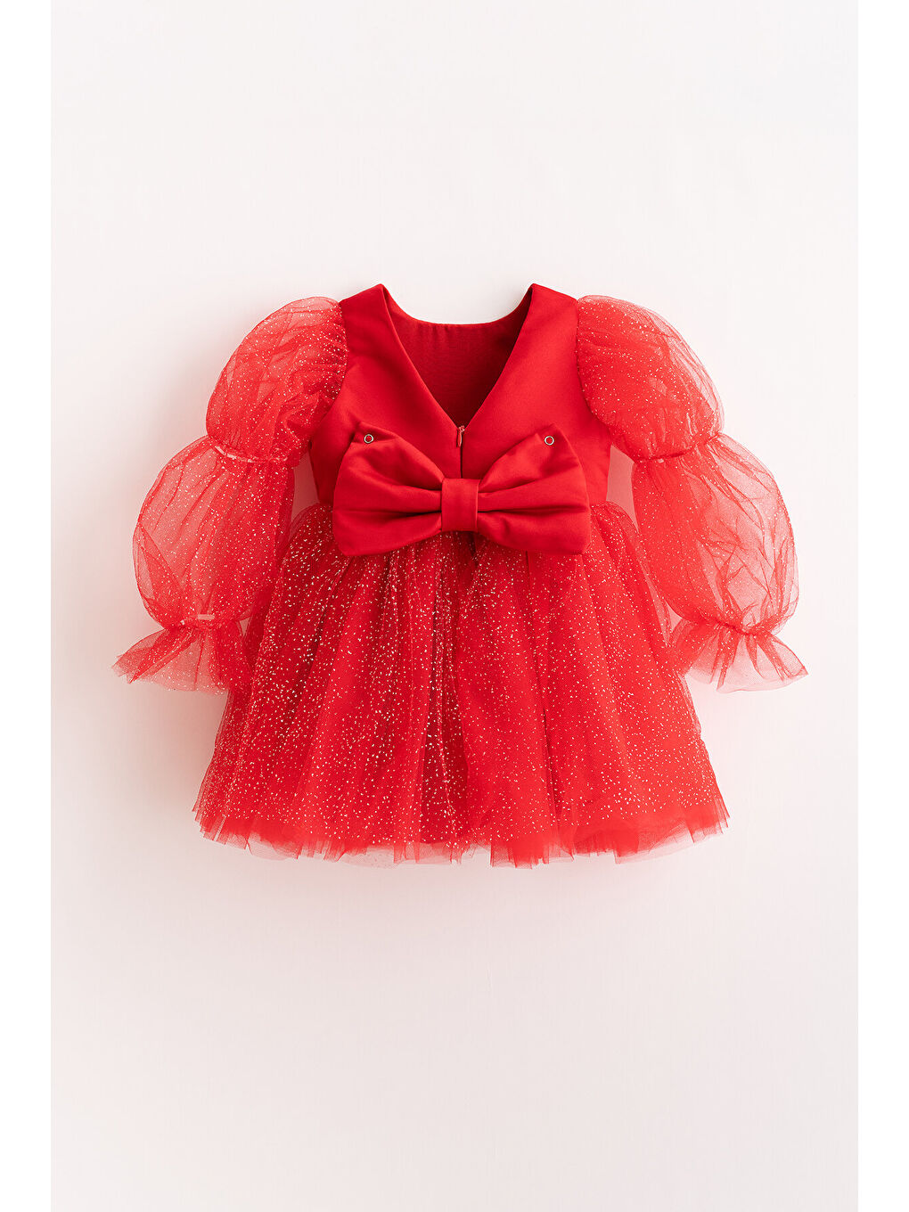 Kırmızı Pearlie Büzgü Kollu Simli Tül Kız Çocuk Elbise-1