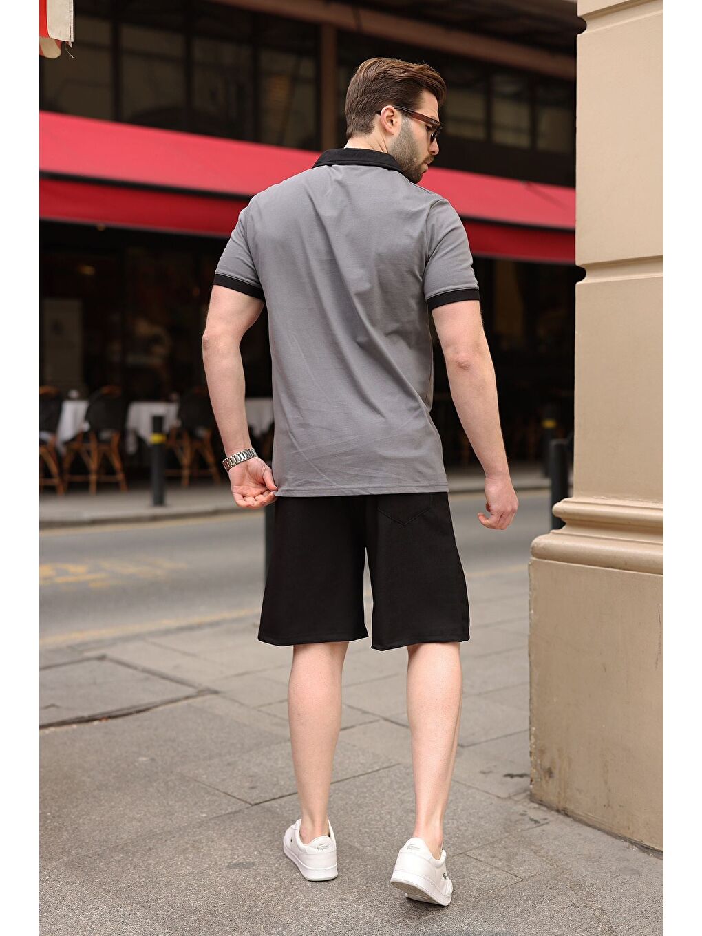 Gri Füme %100 Pamuklu Polo Yaka Şort Tişört Takım E7358-3