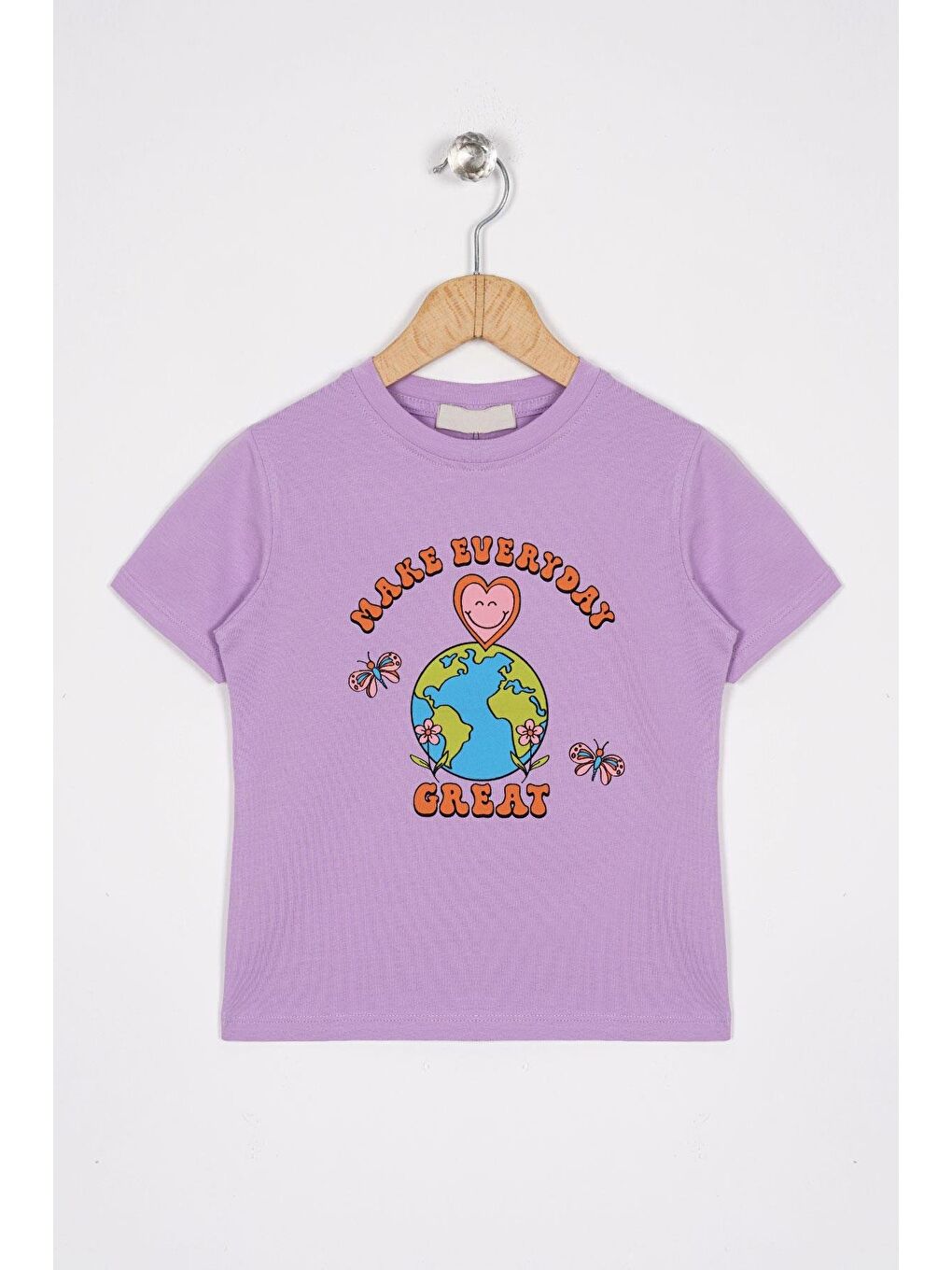Bisiklet Yaka Yarım Kol Make Everday Great Baskılı Lila Renk Kız Çocuk Tişört