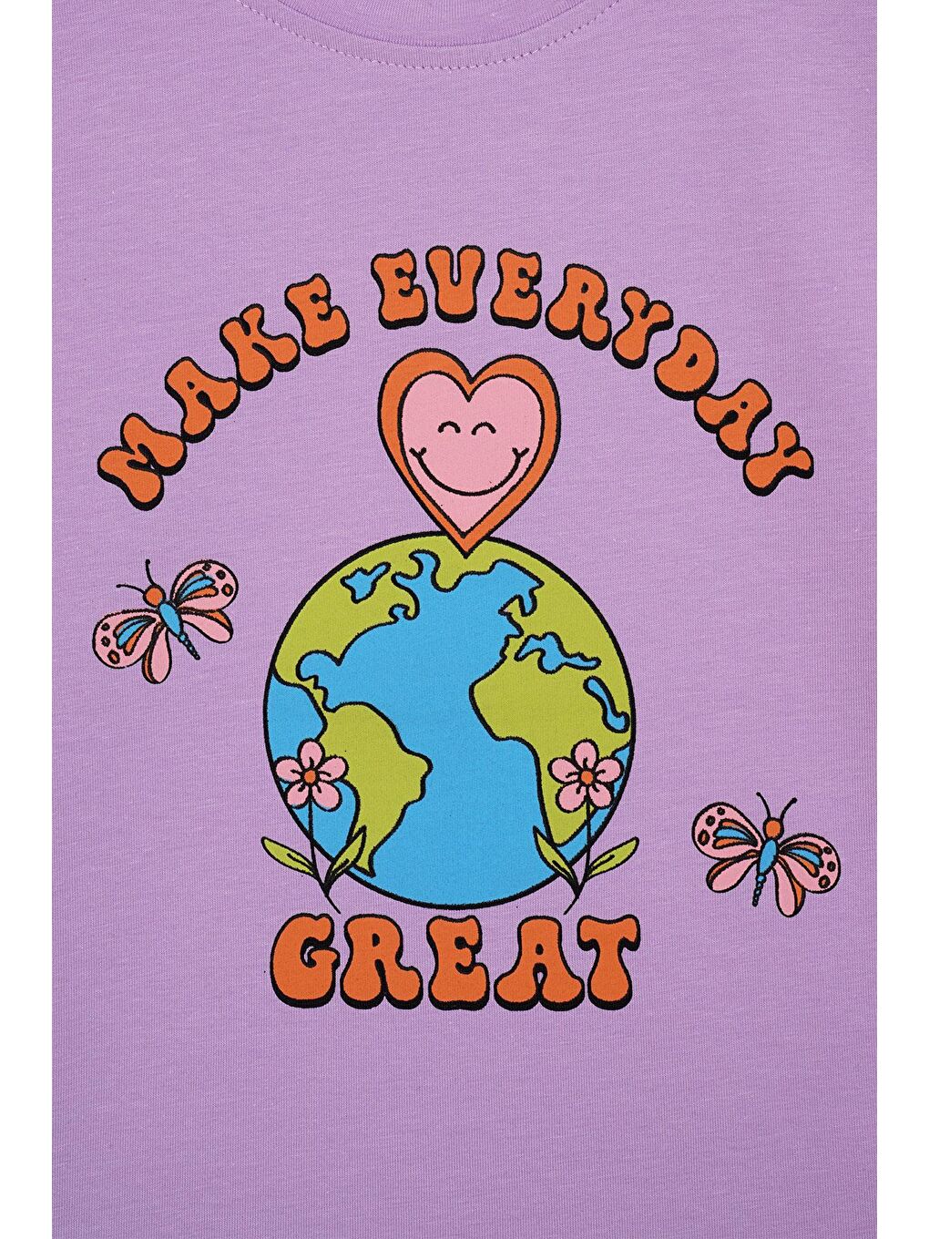 Bisiklet Yaka Yarım Kol Make Everday Great Baskılı Lila Renk Kız Çocuk Tişört-1
