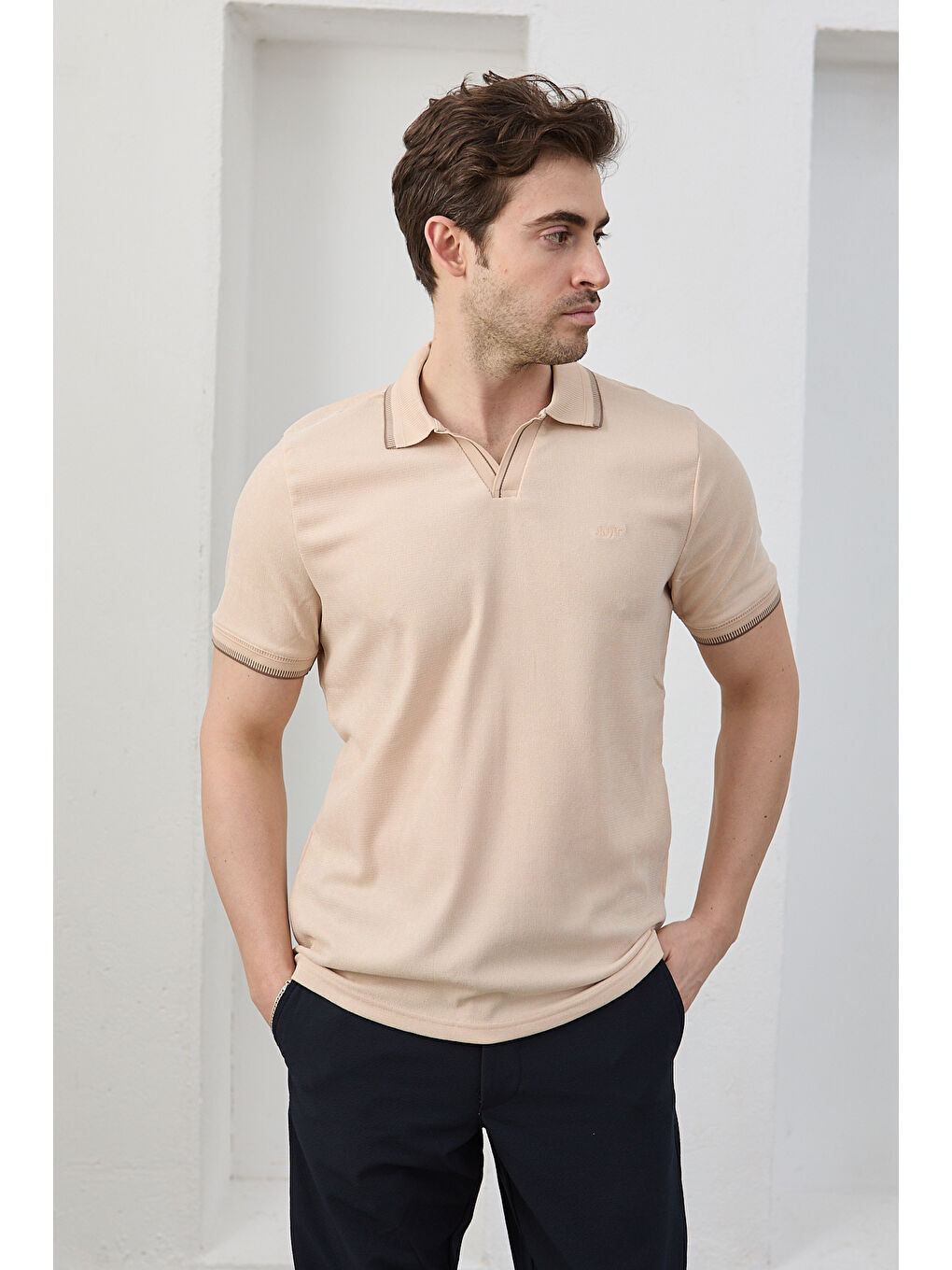 Bej Lodz Erkek Polo Yaka Tişört Çekmeyen Pamuklu Kumaş Regular Fit Günlük-2
