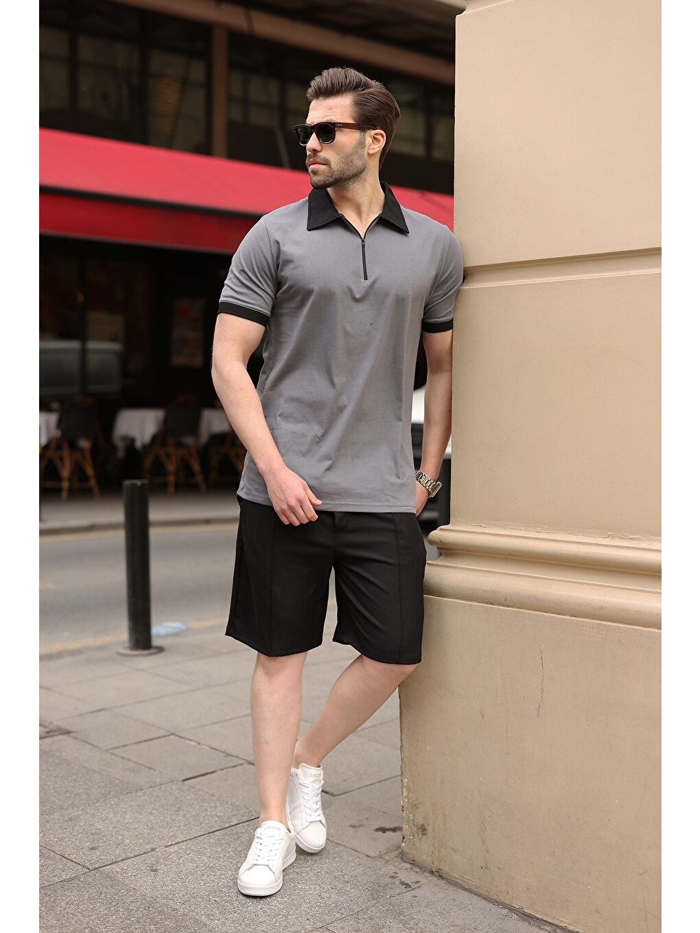 Gri Füme %100 Pamuklu Polo Yaka Şort Tişört Takım E7358-4