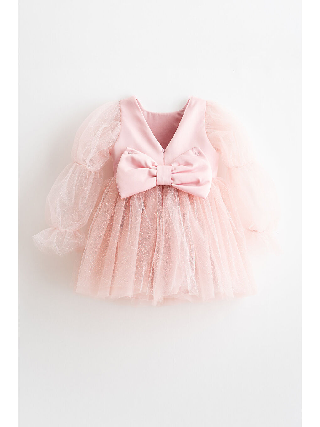 Pembe Pearlie Büzgü Kollu Simli Tül Kız Çocuk Elbise-1