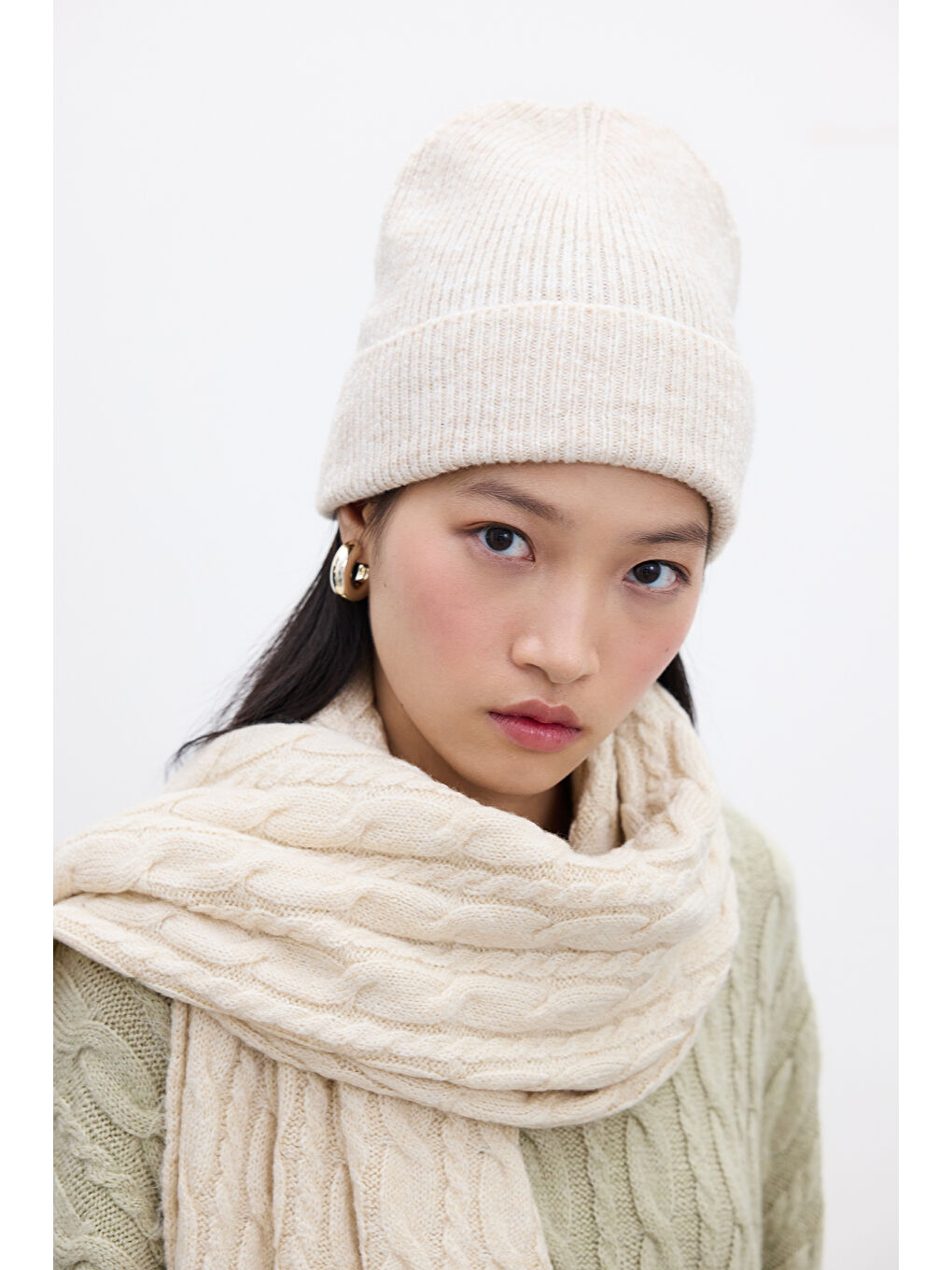 Saç Örgülü Atkı Bej-3