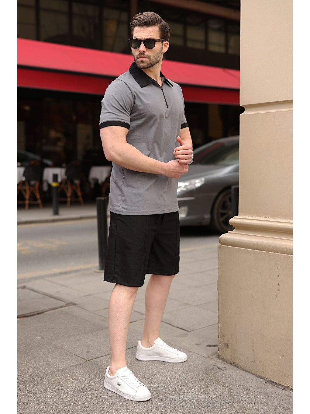 Gri Füme %100 Pamuklu Polo Yaka Şort Tişört Takım E7358-5