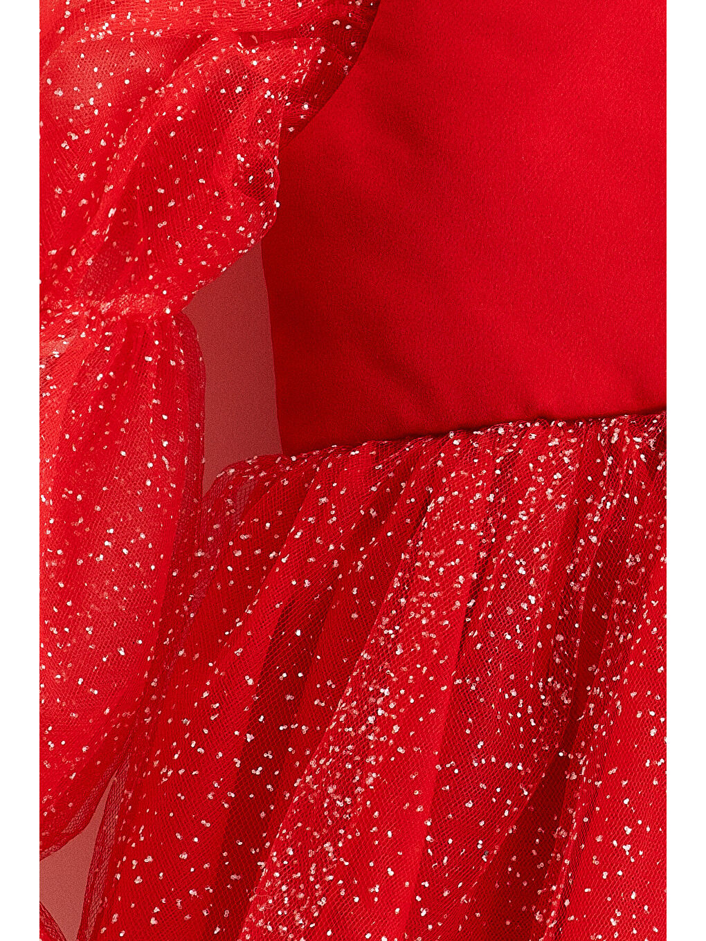 Kırmızı Pearlie Büzgü Kollu Simli Tül Kız Çocuk Elbise-2