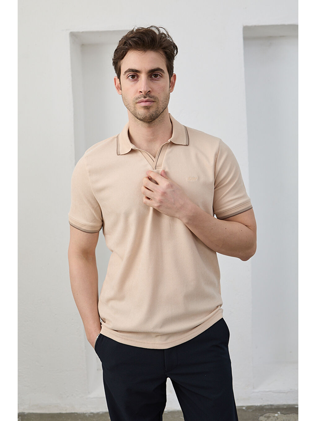 Bej Lodz Erkek Polo Yaka Tişört Çekmeyen Pamuklu Kumaş Regular Fit Günlük-3