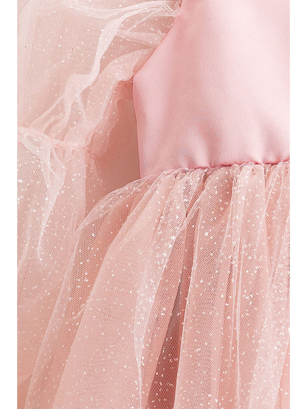 Pembe Pearlie Büzgü Kollu Simli Tül Kız Çocuk Elbise-2