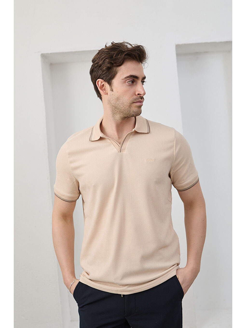 Bej Lodz Erkek Polo Yaka Tişört Çekmeyen Pamuklu Kumaş Regular Fit Günlük-4