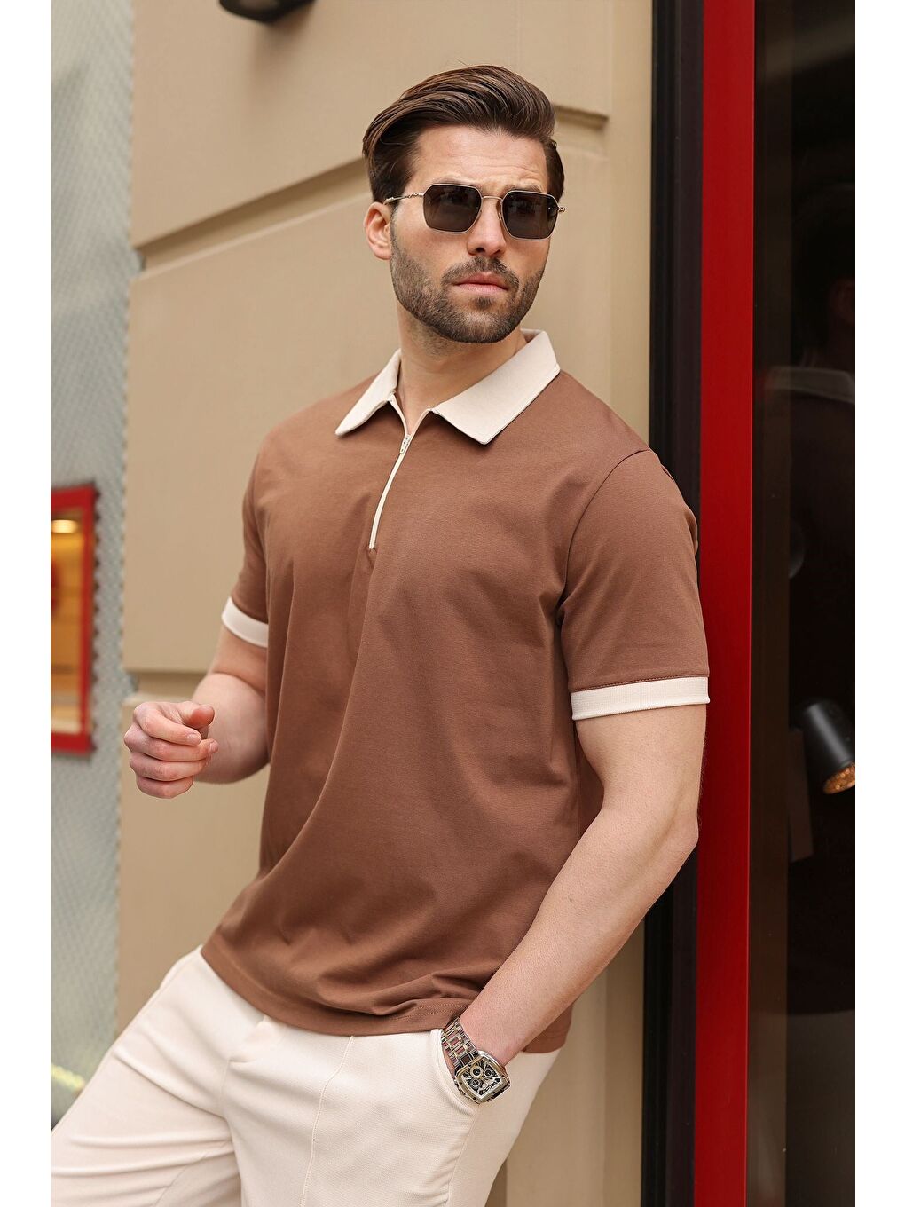Kahverengi %100 Pamuklu Polo Yaka Şort Tişört Takım E7358-1