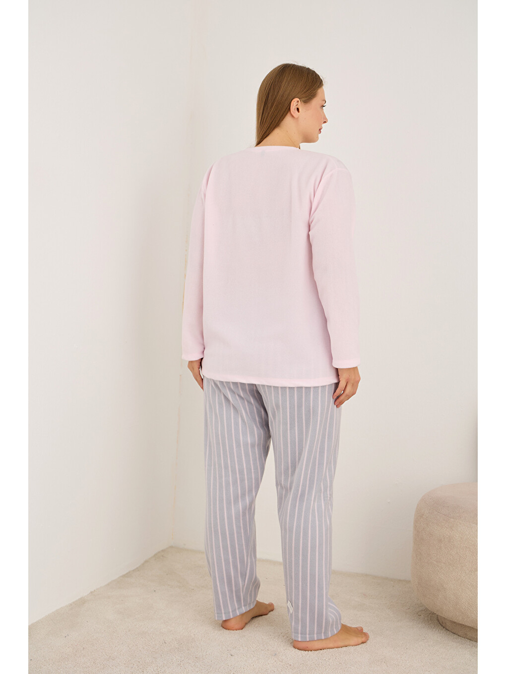 Pembe Çizgili Nakışlı Büyük Beden Polar Kışlık Örme Pijama Takım-2