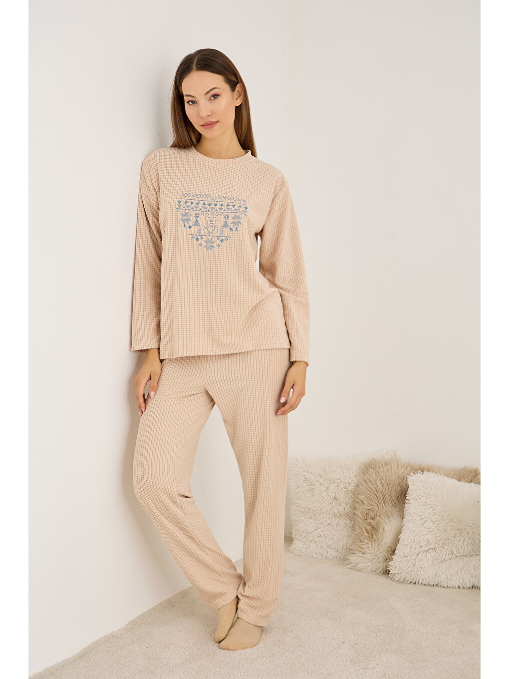 Pembe Somon Nakışlı Polar Kışlık Waffle Örme Kumaşlı Pijama Takım-1