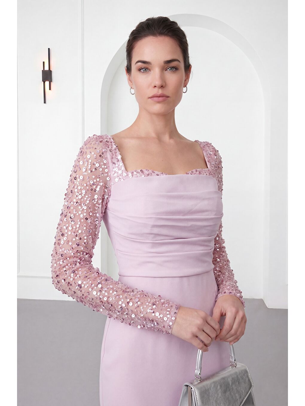 Pembe Kadın Pudra Dar Kalıp Kalp Yaka Kolları Payetli Söz Nişan Nikah Abiye-3