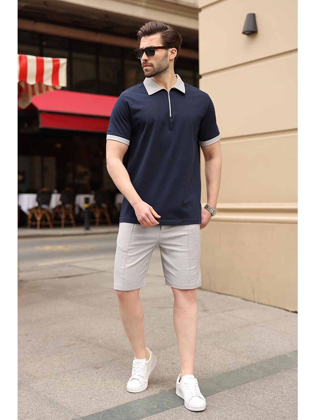 Lacivert %100 Pamuklu Polo Yaka Şort Tişört Takım E7358-1