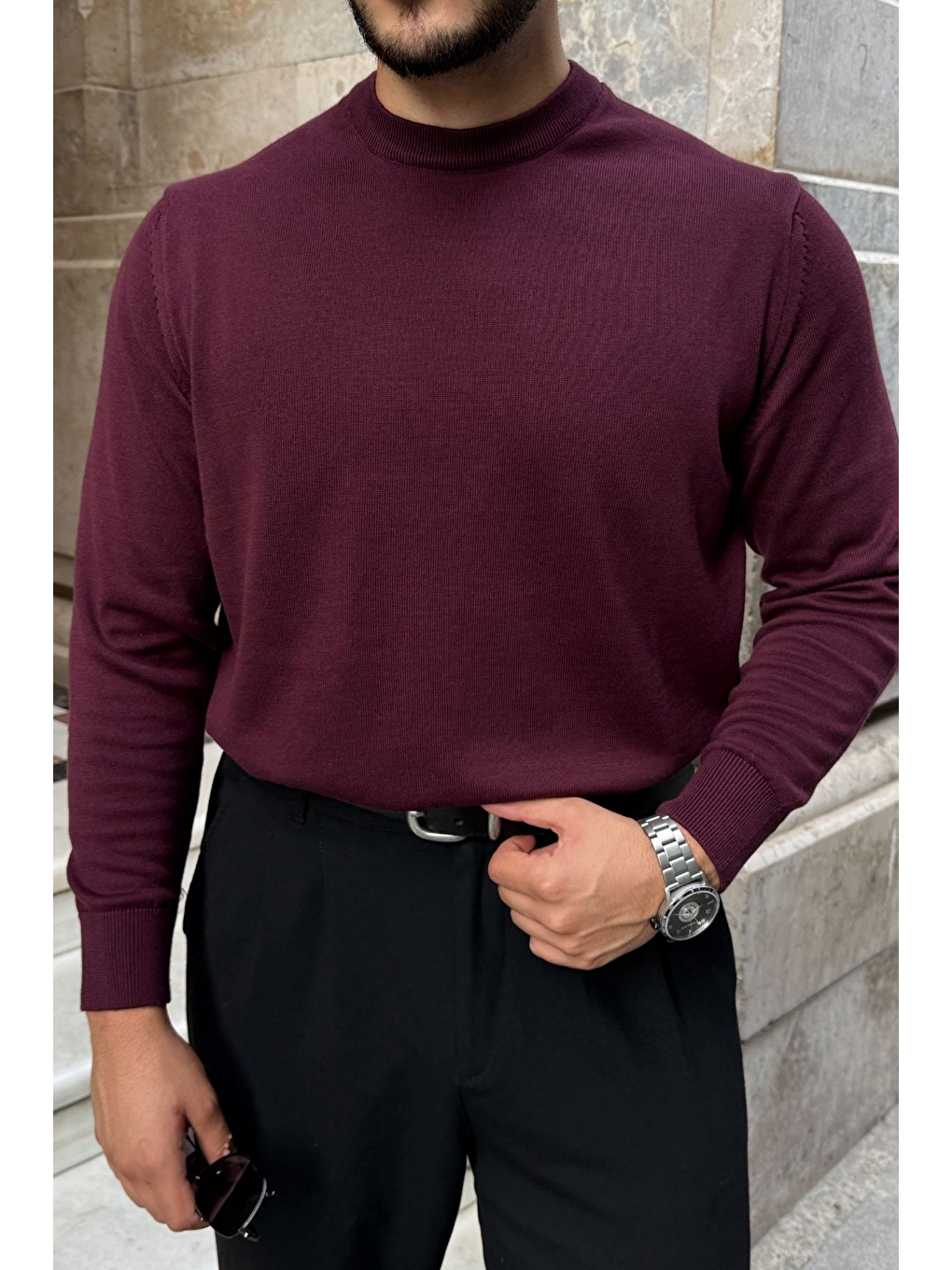 Bordo Acton Erkek %100 Organik Pamuk Bisiklet Yaka Triko Kazak