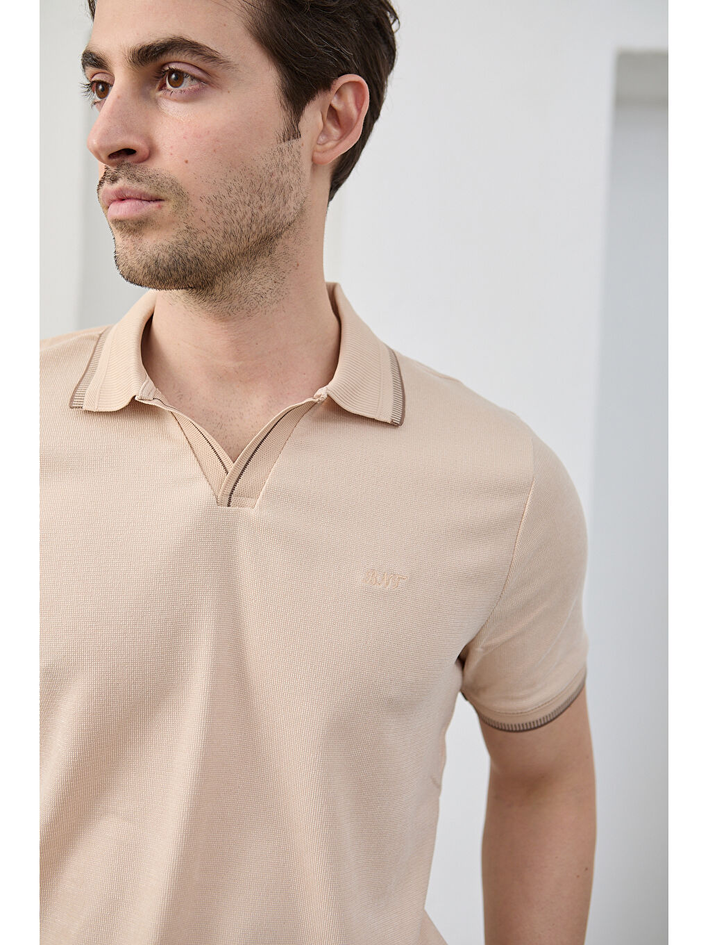 Bej Lodz Erkek Polo Yaka Tişört Çekmeyen Pamuklu Kumaş Regular Fit Günlük-5