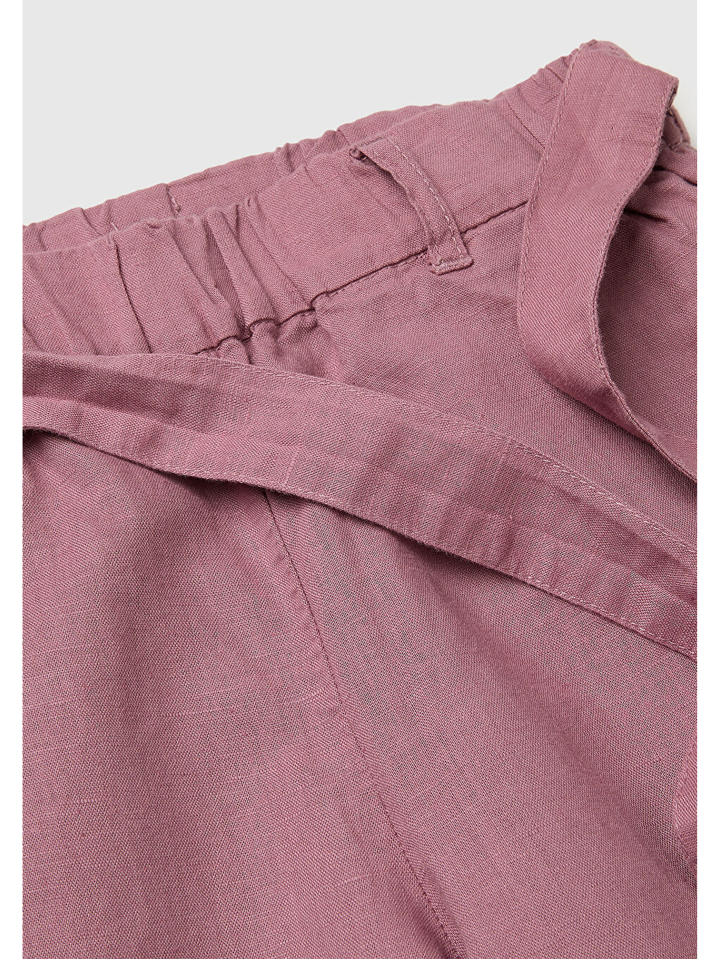 Kız Çocuk Mürdüm Keten Karışımlı Beli Dikişli Kuşaklı Geniş Paça Pantolon-2