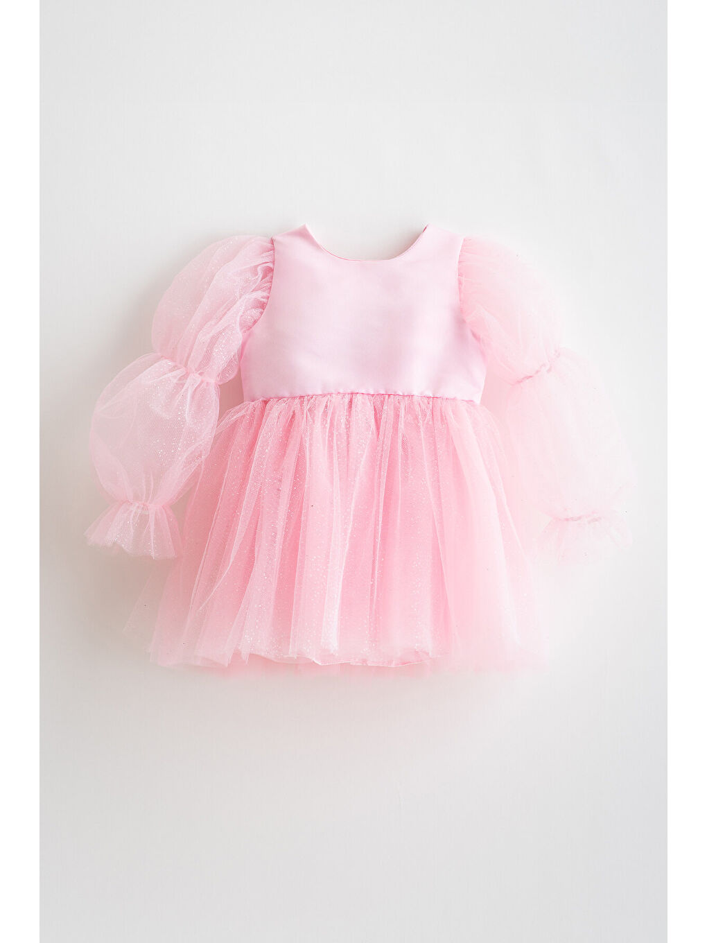 Pembe Pearlie Büzgü Kollu Simli Tül Kız Çocuk Elbise-1