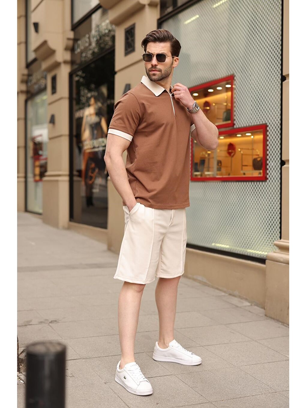 Kahverengi %100 Pamuklu Polo Yaka Şort Tişört Takım E7358-4