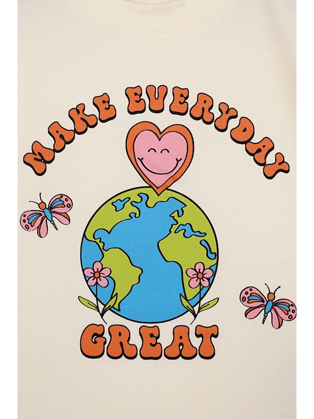 Bisiklet Yaka Yarım Kol Make Everday Great Baskılı Ekru Renk Kız Çocuk Tişört-1