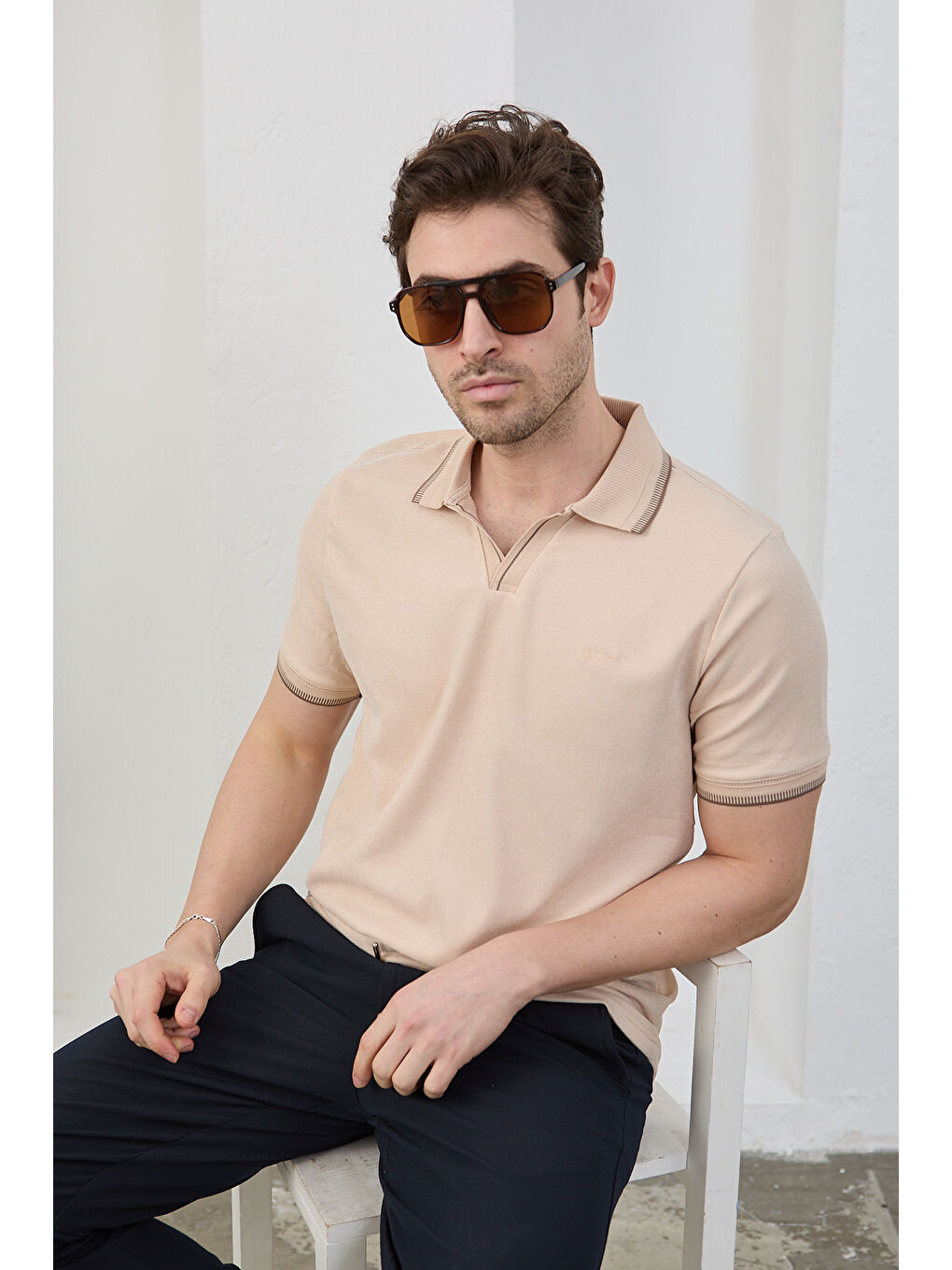 Bej Lodz Erkek Polo Yaka Tişört Çekmeyen Pamuklu Kumaş Regular Fit Günlük-6