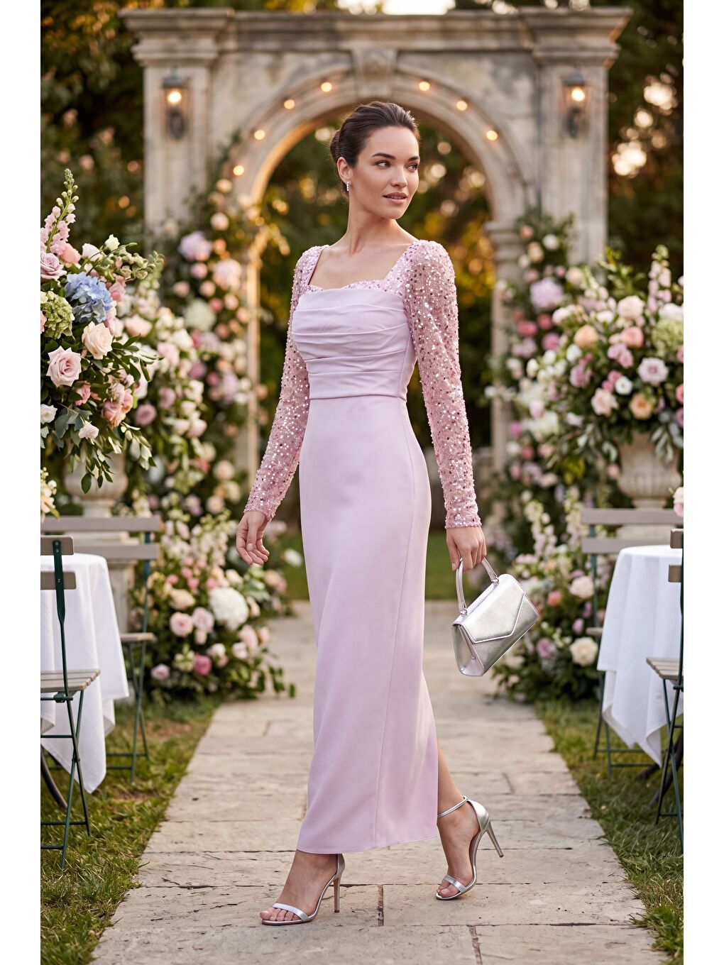 Pembe Kadın Pudra Dar Kalıp Kalp Yaka Kolları Payetli Söz Nişan Nikah Abiye-4
