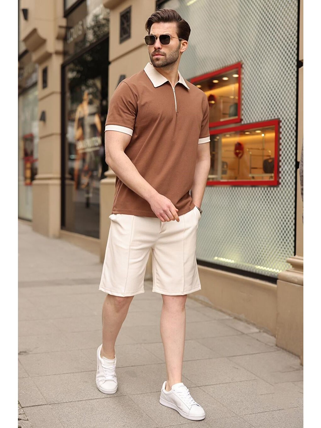Kahverengi %100 Pamuklu Polo Yaka Şort Tişört Takım E7358-5