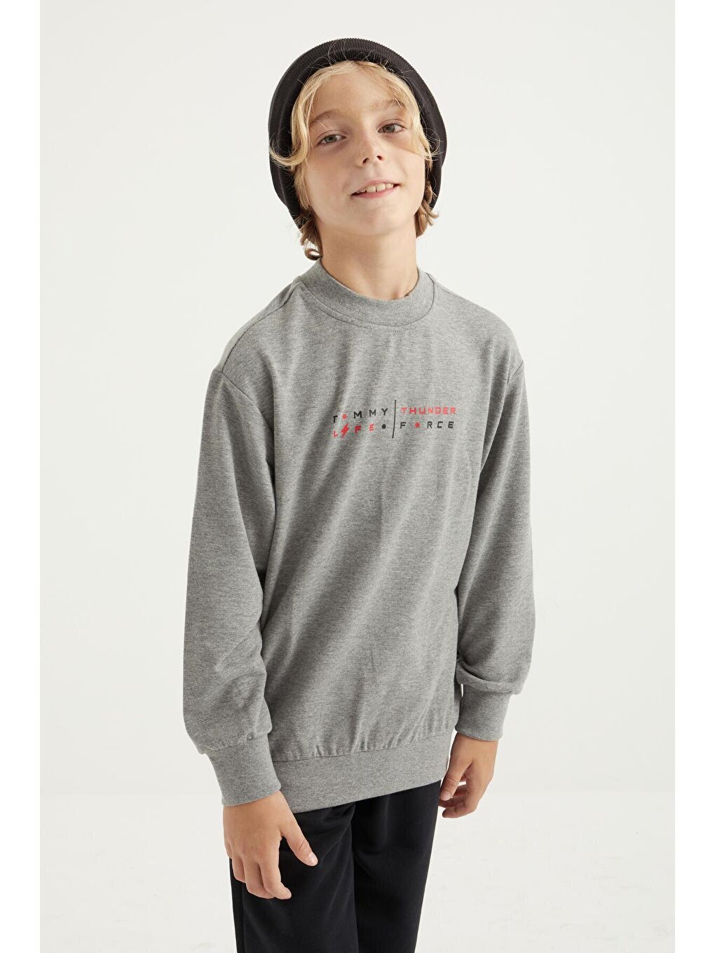 TOMMYLIFE Gri Melanj Sırt Baskılı Bisiklet Yaka Standart Kalıp Erkek Çocuk Sweatshirt - 11026 - 3