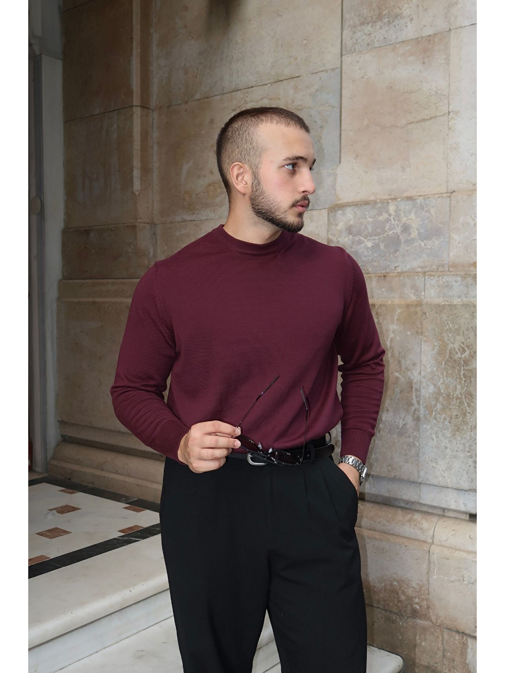 Bordo Acton Erkek %100 Organik Pamuk Bisiklet Yaka Triko Kazak-1