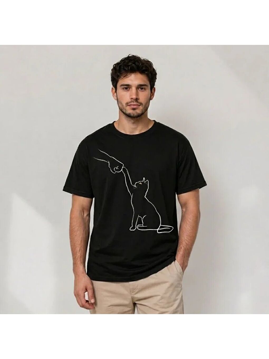 Erkek Minimal Kedi Çizim Baskılı Tişört Kısa Kol Yazlık T-Shirt - Siyah-1