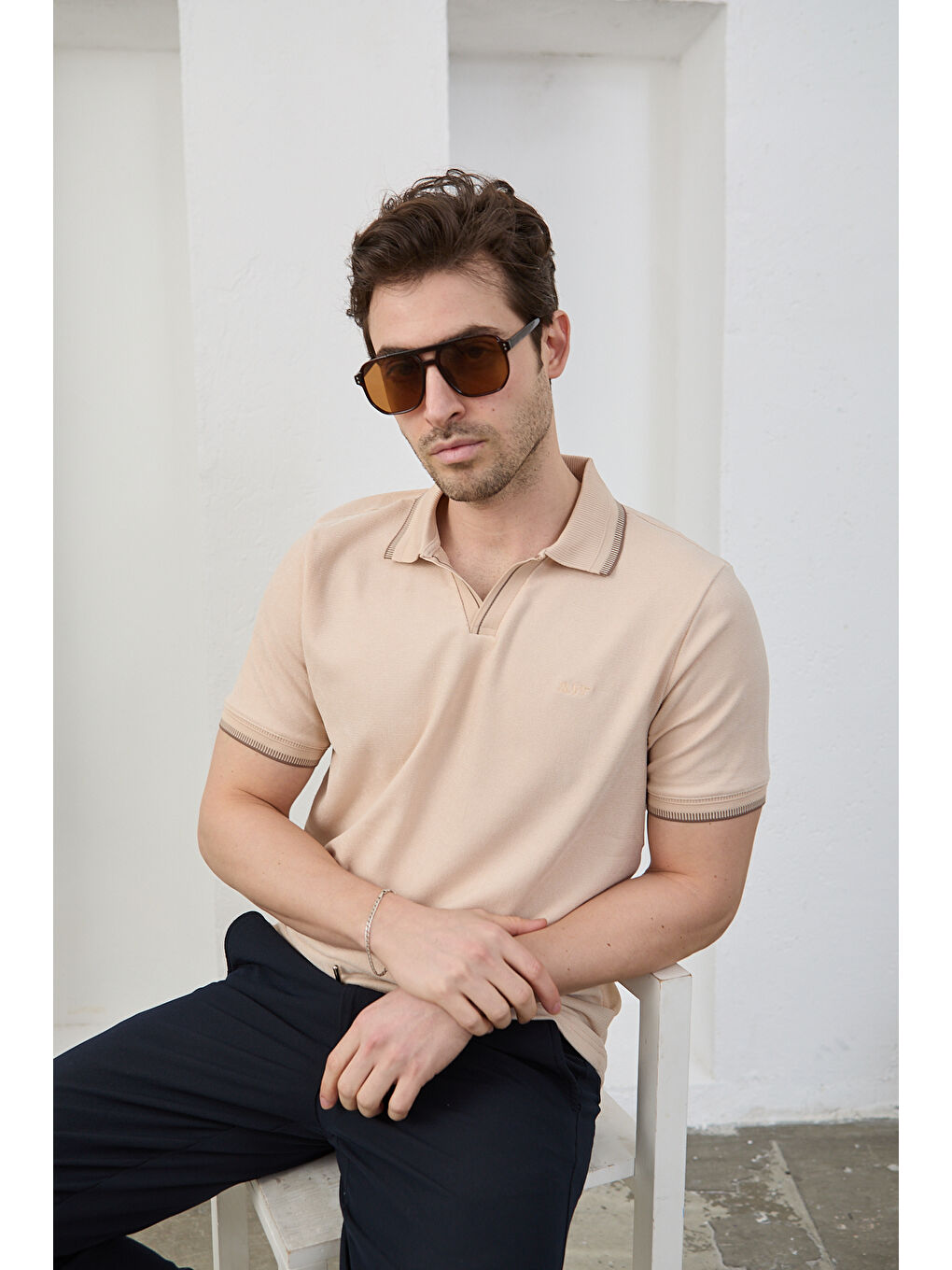 Bej Lodz Erkek Polo Yaka Tişört Çekmeyen Pamuklu Kumaş Regular Fit Günlük-7