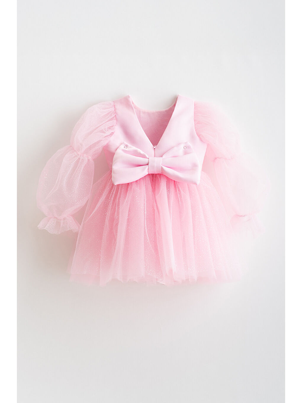 Pembe Pearlie Büzgü Kollu Simli Tül Kız Çocuk Elbise-2