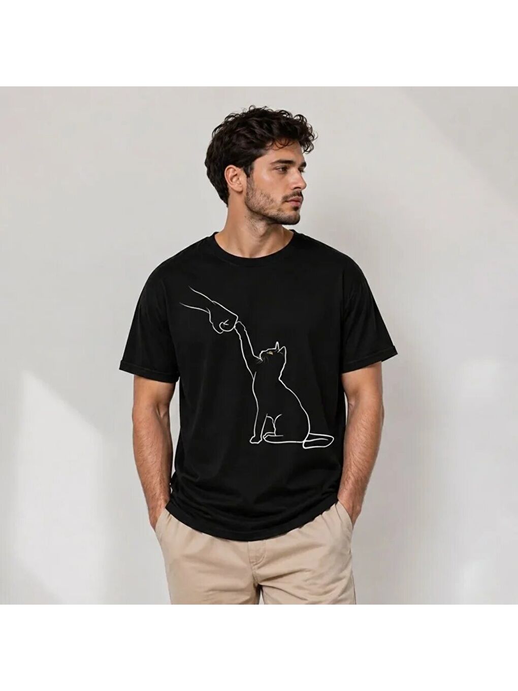 Erkek Minimal Kedi Çizim Baskılı Tişört Kısa Kol Yazlık T-Shirt - Siyah-2