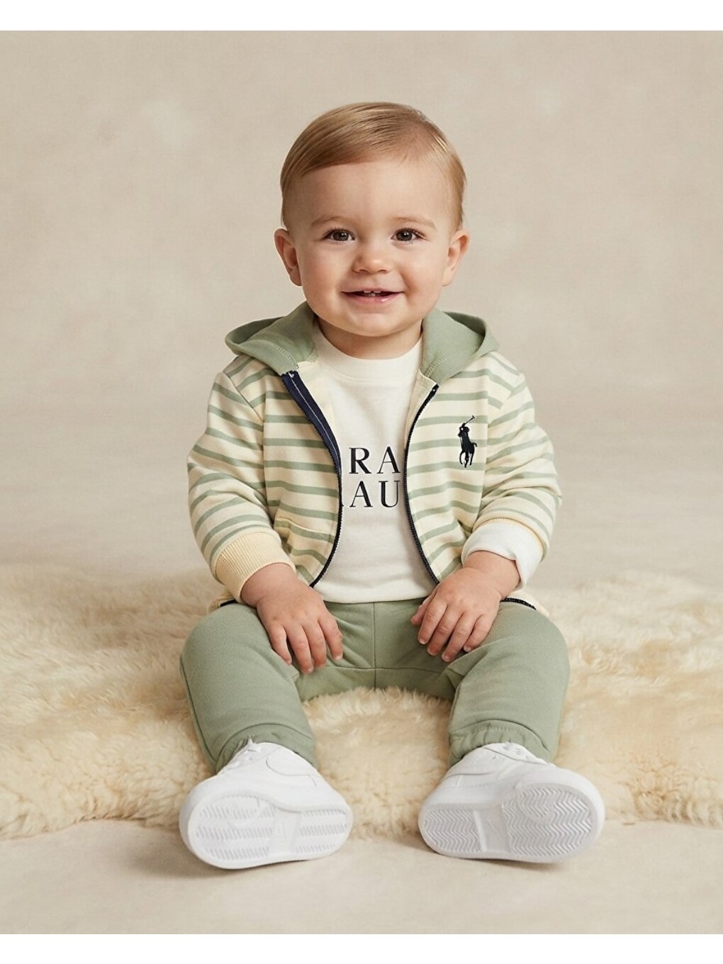 Yeşil Erkek Bebek Kapüşonlu 3'lü Takım Fermuarlı Sweatshirt Eşofman Takımı
