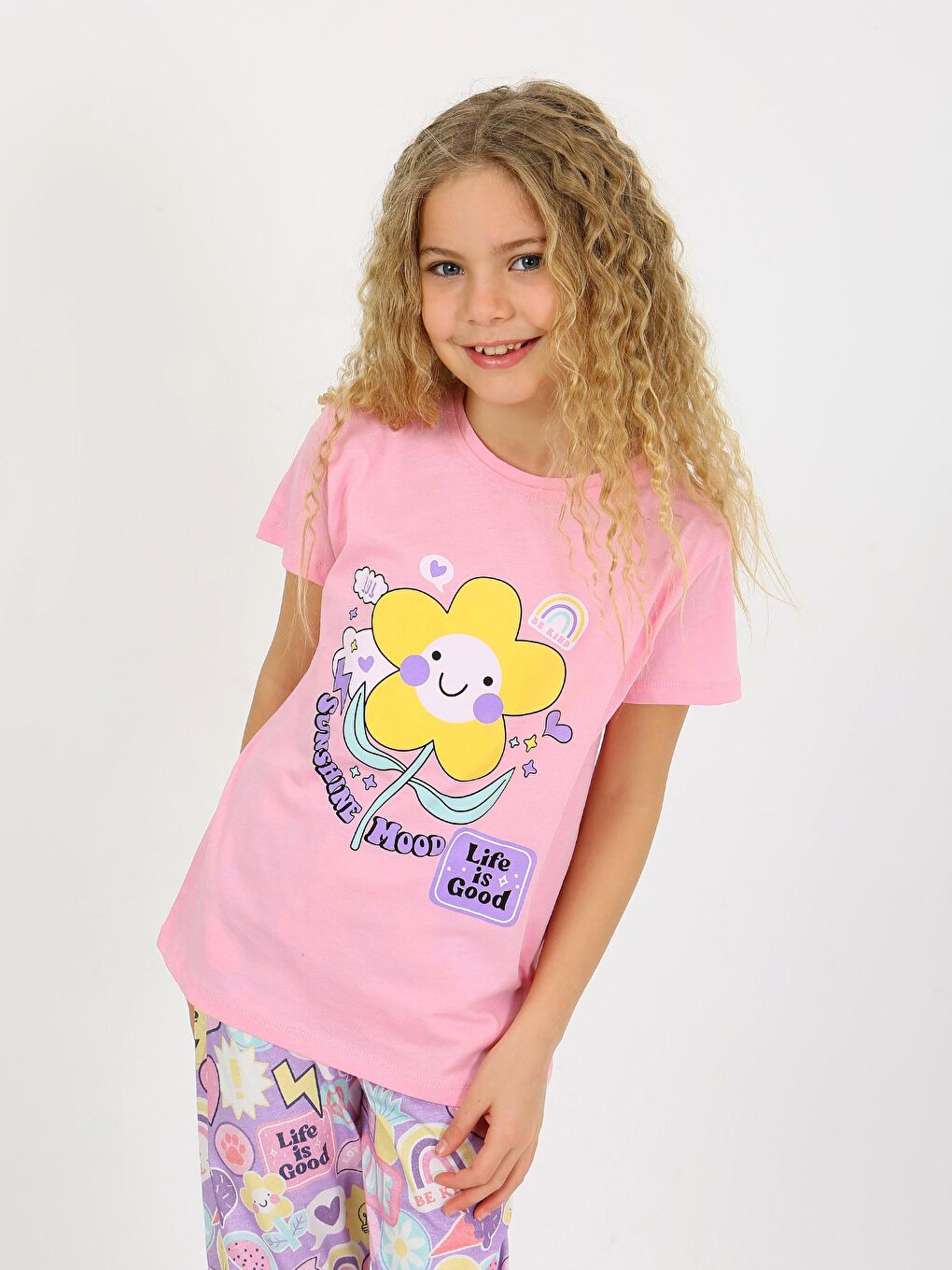 Pembe Kız Çocuk Kısa Kollu %100 Pamuklu Pijama Takımı Be Kind-1