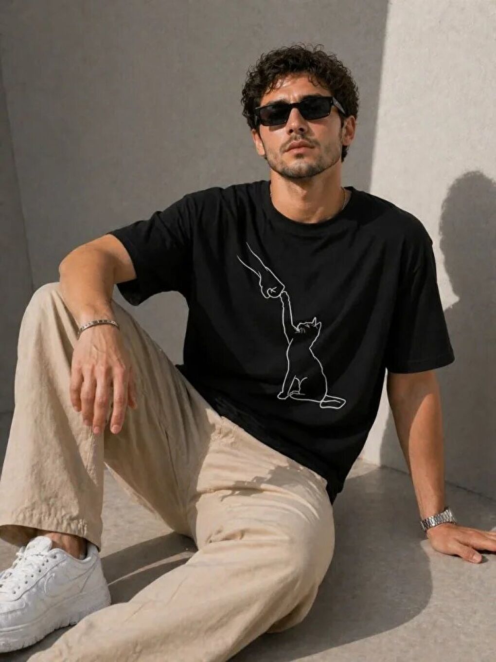 Erkek Minimal Kedi Çizim Baskılı Tişört Kısa Kol Yazlık T-Shirt - Siyah-3