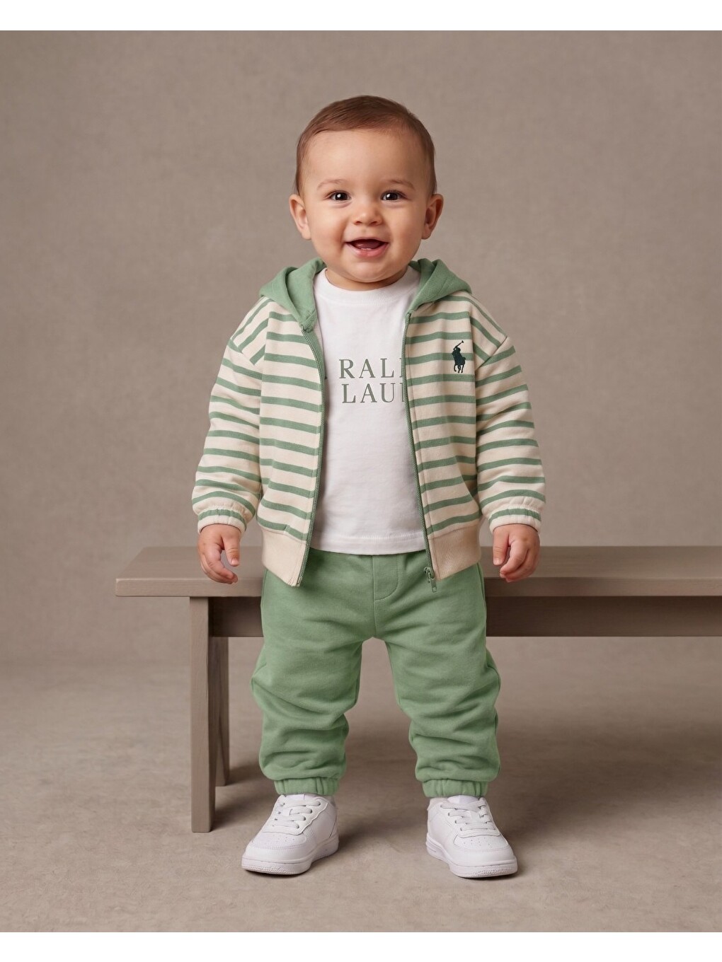 Yeşil Erkek Bebek Kapüşonlu 3'lü Takım Fermuarlı Sweatshirt Eşofman Takımı-1